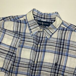 Polo Ralph Lauren 100% Linen Shirt‎ Sz Large Blue White Plaid Pony Classic Fit